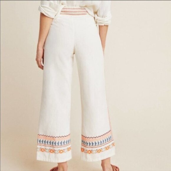 Anthropologie Islander Embroidered Wide Leg Crop Ankle Pants sz 12 Cotton/Linen - Picture 6 of 12